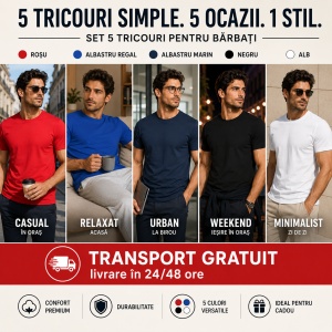 Set 5 tricouri bumbac 100% simplu clasic, Alb, Negru, Albastru Marin, Rosu, Albastru - Img 7