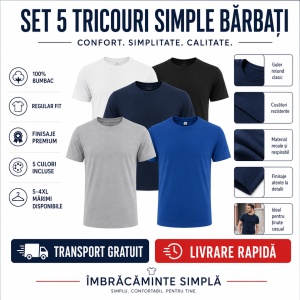 Set 5 tricouri bumbac 100% simplu clasic pentru barbati, Alb, Negru, Albastru Marin, Gri, Albastru-132 - Img 4