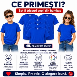 Set 5 tricouri copii din bumbac 100% – fete și băieți, 33 nuanțe disponibile - Img 5