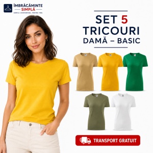 Set 5 Tricouri Damă Basic 100% Bumbac – Nisip, Galben, Verde Mediu, Khaki și Alb