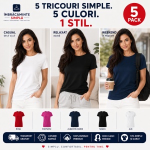 Set 5 Tricouri Damă Basic 100% Bumbac – Roșu, Purpuriu, Albastru Marin, Negru și Alb - Img 9