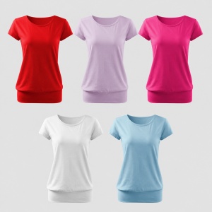 Set 5 tricouri dama din bumbac 100%, cu banda aplicata jos elegant casual pentru femei 120 - Rosu Lavanda Roz Alb Albastru - Img 8