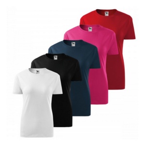 Imagine de prezentare pentru set 5 tricouri dama din bumbac si culorile disponibile alb, albastru, rosu, purpuriu, negru