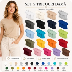 Set 5 tricouri damă simple casual | din bumbac 100%, slim fit XS - 2XL