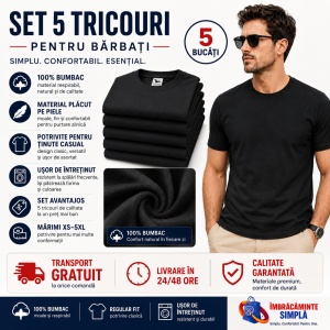 Set 5 tricouri negre din bumbac 100%, clasic si lejer la purtare pentru barbati, Negru P73 - Img 5