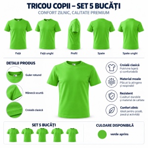 Set 5 Tricouri pentru Copii, 100% Bumbac, Verde Măr, Confortabile și Respirabile - Img 6