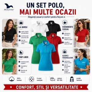 Set 5 Tricouri Polo Damă Malfini, 100% Bumbac – Alb, Negru, Verde, Roșu, Turcoaz - Img 9