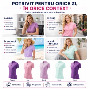 Set 5 Tricouri Polo Damă Malfini 210, Pique – Purpuriu, Roz, Orchid, Frost și Violet - Img 5