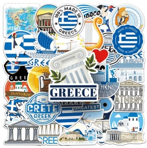 Set 50 stickere din Grecia, Santorini, Mykonos, Atena, Rhodos, Corfu pentru telefon laptop Pvc Vinyl Waterproof - Img 1