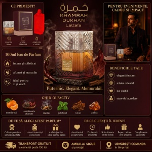 Set parfum Lattafa Khamrah Dukhan 100ml, parfum Arabesc, Barbati, Gentuta cosmetice - Img 2