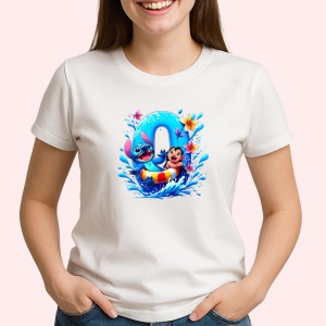 Tricou Alfabet Cifra 0 cu Lilo si Stitch albastru, veselie mare, Alb, Unisex Dama si Barbat | Copii - Img 1