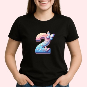 Tricou Alfabet Cifra 2 cu fluturi colorati, stele aurii, flori colorate, Negru, Unisex Dama si Barbat | Copii