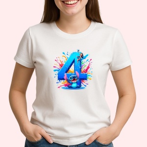Tricou Alfabet Cifra 4 cu Lilo si Stitch albastru, veselie mare, Alb, Unisex Dama si Barbat | Copii