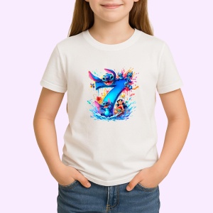 Tricou Alfabet Cifra 7 cu Lilo si Stitch albastru, veselie mare, Alb, Unisex Dama si Barbat | Copii - Img 2