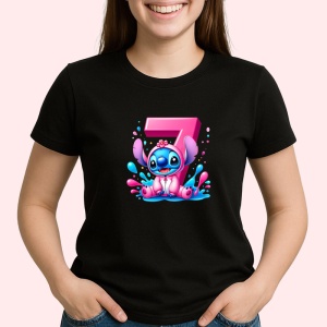 Tricou Alfabet Cifra 7 cu Stitch Roz fericit, explozie de culori, Negru, Unisex Dama si Barbat | Copii