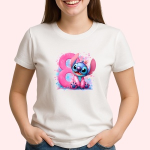 Tricou Alfabet Cifra 8 cu Stitch Roz fericit, explozie de culori, Alb, Unisex Dama si Barbat | Copii