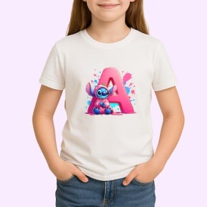 Tricou Alfabet Litera A cu Stitch Roz fericit, explozie de culori, Alb, Unisex Dama si Barbat | Copii - Img 2