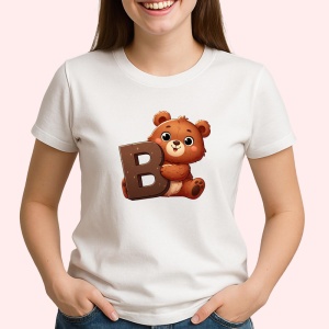 Tricou Alfabet Litera B cu animal Bear Urs, Alb, Unisex Dama si Barbat | Copii