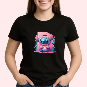 Tricou Alfabet Litera B cu Stitch Roz fericit, explozie de culori, Negru, Unisex Dama si Barbat | Copii