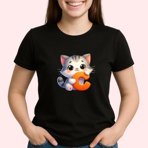 Tricou Alfabet Litera C cu animal Cat Pisica, Negru, Unisex Dama si Barbat | Copii