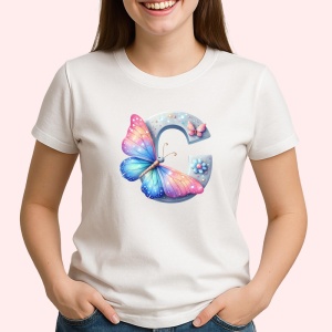 Tricou Alfabet Litera C cu fluturi colorati, stele aurii, flori colorate, Alb, Unisex Dama si Barbat | Copii