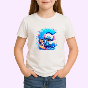 Tricou Alfabet Litera C cu Lilo si Stitch albastru, veselie mare, Alb, Unisex Dama si Barbat | Copii - Img 2