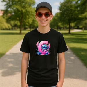 Tricou Alfabet Litera C cu Stitch Roz fericit, explozie de culori, Negru, Unisex Dama si Barbat | Copii - Img 4