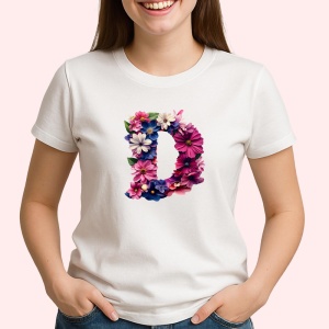 Tricou Alfabet Litera D cu flori, margarete, flori colorate, Alb, Unisex Dama si Barbat | Copii