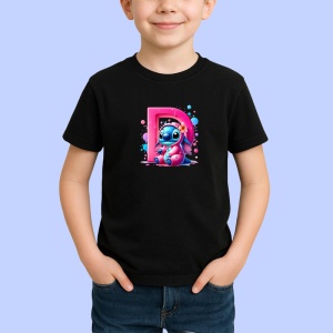 Tricou Alfabet Litera D cu Stitch Roz fericit, explozie de culori, Negru, Unisex Dama si Barbat | Copii - Img 2