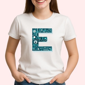 Tricou Alfabet Litera E cu circuite, cyber, tehnologie, Alb, Unisex Dama si Barbat | Copii