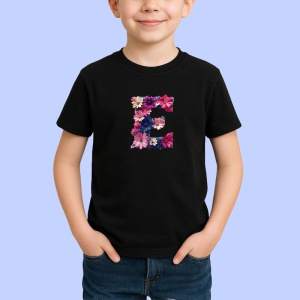 Tricou Alfabet Litera E cu flori, margarete, flori colorate, Negru, Unisex Dama si Barbat | Copii - Img 2