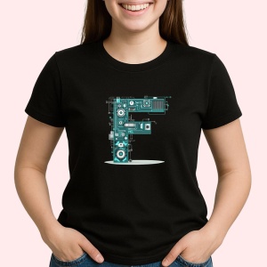 Tricou Alfabet Litera F cu circuite, cyber, tehnologie, Negru, Unisex Dama si Barbat | Copii