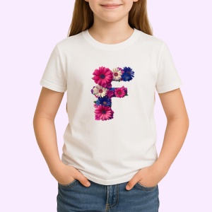 Tricou Alfabet Litera F cu flori, margarete, flori colorate, Alb, Unisex Dama si Barbat | Copii - Img 2