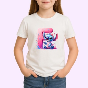 Tricou Alfabet Litera F cu Stitch Roz fericit, explozie de culori, Alb, Unisex Dama si Barbat | Copii - Img 2