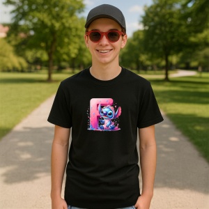 Tricou Alfabet Litera F cu Stitch Roz fericit, explozie de culori, Negru, Unisex Dama si Barbat | Copii - Img 4