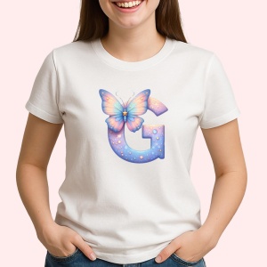 Tricou Alfabet Litera G cu fluturi colorati, stele aurii, flori colorate, Alb, Unisex Dama si Barbat | Copii