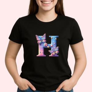 Tricou Alfabet Litera H cu fluturi colorati, stele aurii, flori colorate, Negru, Unisex Dama si Barbat | Copii