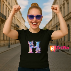Tricou Alfabet Litera H cu fluturi colorati, stele aurii, flori colorate, Negru, Unisex Dama si Barbat | Copii - Img 3