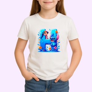 Tricou Alfabet Litera H cu Lilo si Stitch albastru, veselie mare, Alb, Unisex Dama si Barbat | Copii - Img 2