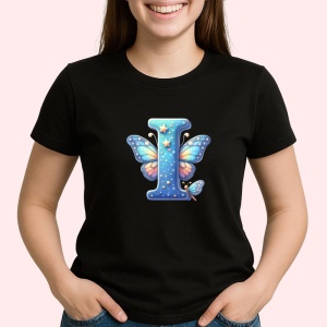 Tricou Alfabet Litera I cu fluturi colorati, stele aurii, flori colorate, Negru, Unisex Dama si Barbat | Copii
