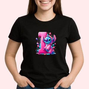 Tricou Alfabet Litera I cu Stitch Roz fericit, explozie de culori, Negru, Unisex Dama si Barbat | Copii