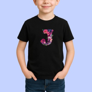 Tricou Alfabet Litera J cu flori, margarete, flori colorate, Negru, Unisex Dama si Barbat | Copii - Img 2