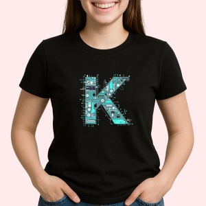 Tricou Alfabet Litera K cu circuite, cyber, tehnologie, Negru, Unisex Dama si Barbat | Copii