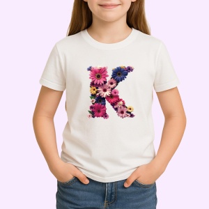 Tricou Alfabet Litera K cu flori, margarete, flori colorate, Alb, Unisex Dama si Barbat | Copii - Img 2