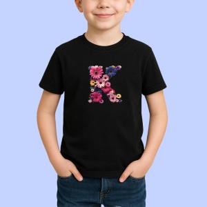 Tricou Alfabet Litera K cu flori, margarete, flori colorate, Negru, Unisex Dama si Barbat | Copii - Img 2
