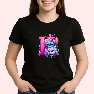 Tricou Alfabet Litera K cu Stitch Roz fericit, explozie de culori, Negru, Unisex Dama si Barbat | Copii