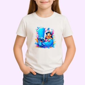Tricou Alfabet Litera L cu Lilo si Stitch albastru, veselie mare, Mare, Alb, Unisex Dama si Barbat | Copii