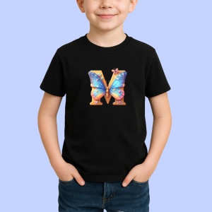 Tricou Alfabet Litera M cu fluturi colorati, stele aurii, flori colorate, Negru, Unisex Dama si Barbat | Copii - Img 2