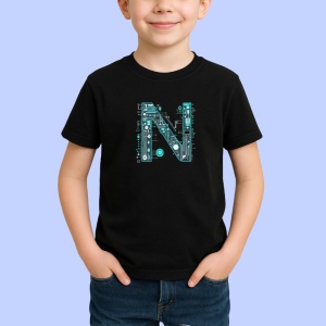 Tricou Alfabet Litera N cu circuite, cyber, tehnologie, Negru, Unisex Dama si Barbat | Copii - Img 2