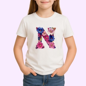 Tricou Alfabet Litera N cu flori, margarete, flori colorate, Alb, Unisex Dama si Barbat | Copii - Img 2